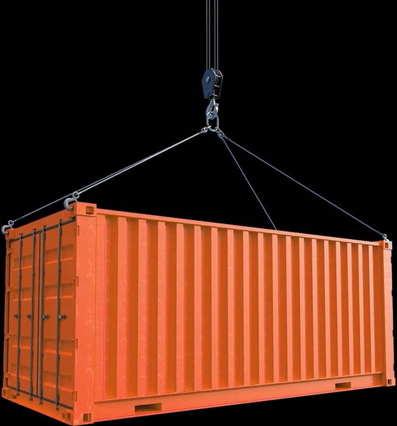 Shipping container suspended from a crane hook, cargo handled by ASC